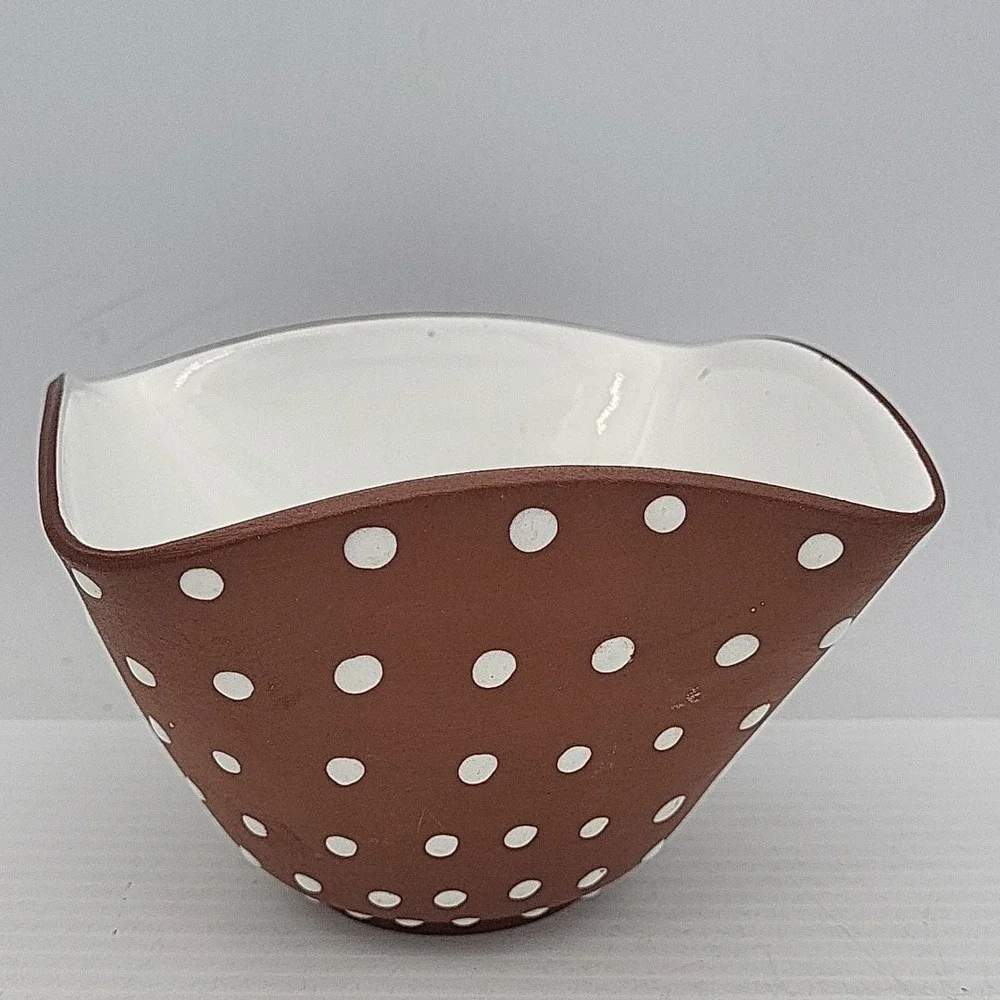 Mid Century Pottery BOWL NORWAY‎ Brown White Polka Dots